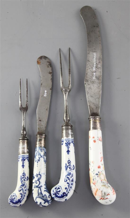 Four Bow pistol handled knives or forks, c.1755-60, 20.5 - 28.5cm